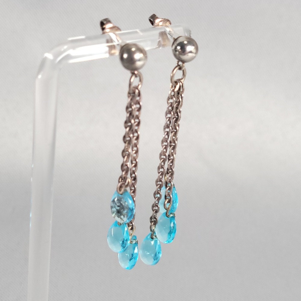 Sterling Silver 925 Blue Crystal Briolette Tiered Chain Dangle Earrings 2"